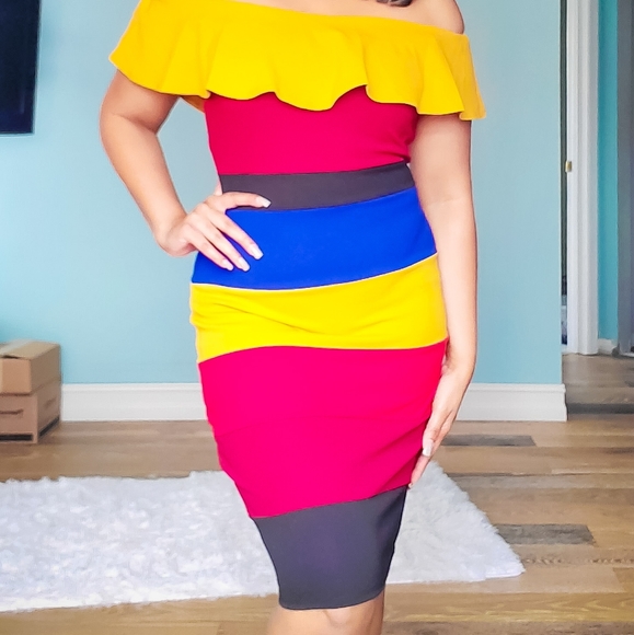 Multicolor Rainbow Stripe Off the Shoulder Dress - Picture 2 of 8